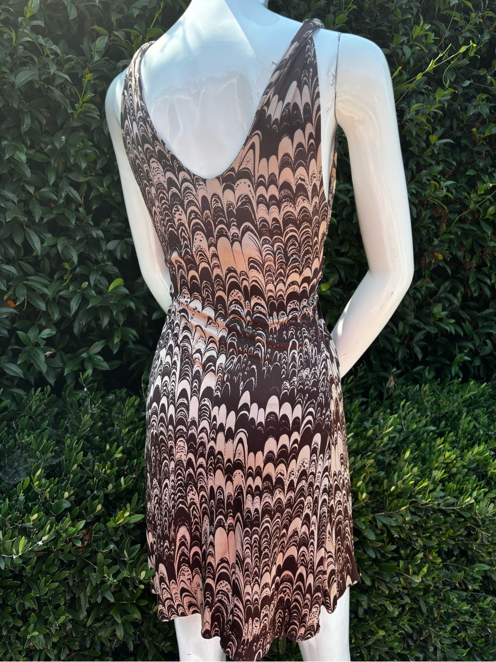 Y2K Silk Mini Brown and Cream Plunging V-Neck Dress with waist belt - Picture 3 of 11